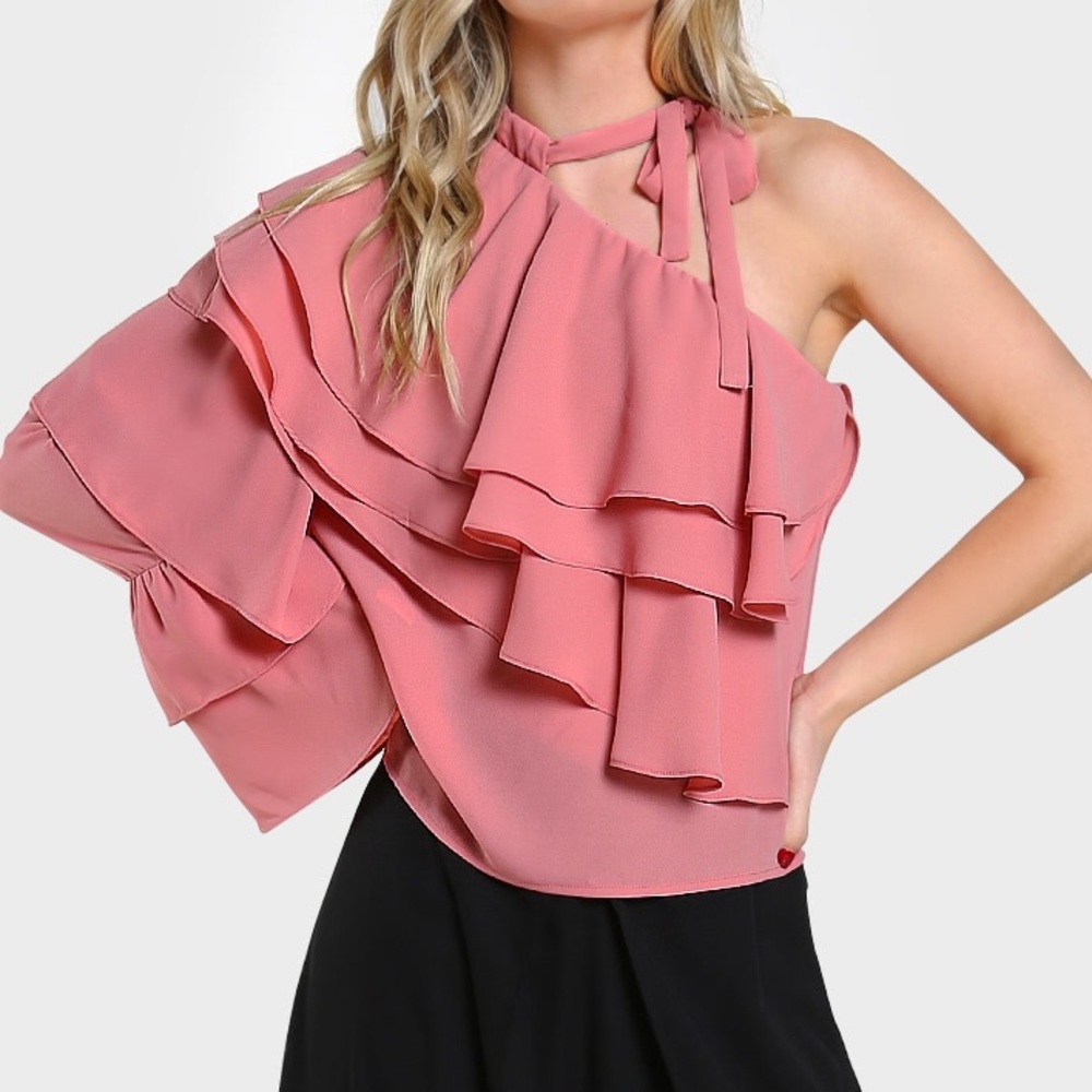Pink ruffle blouse with one long sleeve. Very Feminine and Classy. Tie neck.